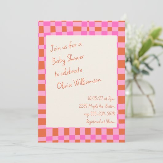 Geruit Roze Sinaasappel Script Schattige Baby show Kaart (Staand voorkant)