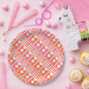 Geruit, Ruiten - Roze, Oranje en Crème Papieren Bordje