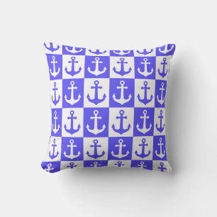 Geruit scheepsankerpatroon - Oceaanblauw Kussen