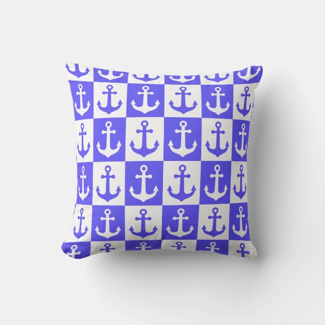Geruit scheepsankerpatroon - Oceaanblauw Kussen (Voorkant)