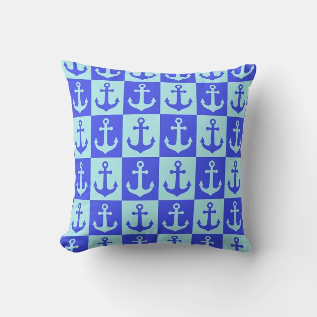 Geruit scheepsankerpatroon - oceaantinten in blauw kussen (Voorkant)