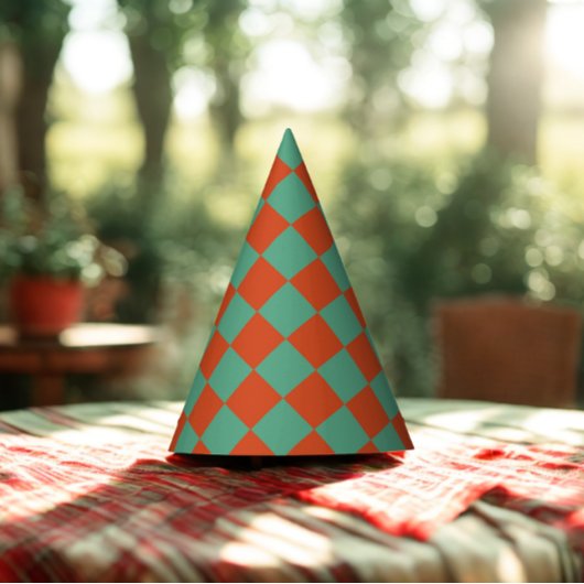 Geruit Sinaasappel & Groen Retro Chic Verjaardagsf Feesthoedjes