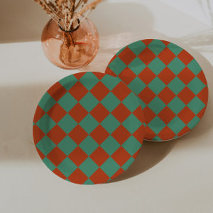 Geruit Sinaasappel & Groen Retro Chic Verjaardagsf Papieren Bordje