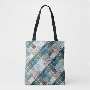 geruit, tartan, plaid, klassiek, blauw, wit tote bag