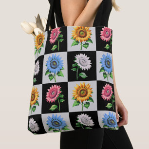 Geruit veelkleurig Zonnebloem Bloemontwerp Tote Bag