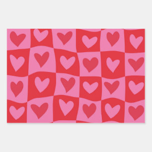 Geruit Warped Pink and Red Hearts Patroon Inpakpapier Vel