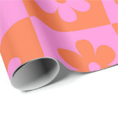 Geruit Warped Retro Pink en Sinaasappel Flowers Cadeaupapier (Rol Hoek)