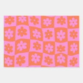 Geruit Warped Retro Pink en Sinaasappel Flowers Inpakpapier Vel (Voorkant 3)