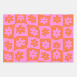 Geruit Warped Retro Pink en Sinaasappel Flowers Inpakpapier Vel