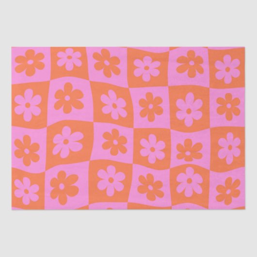Geruit Warped Retro Pink en Sinaasappel Flowers Tissuepapier (Voorkant)