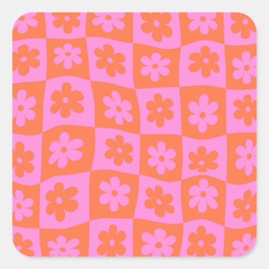 Geruit Warped Retro Pink en Sinaasappel Flowers Vierkante Sticker (Voorkant)