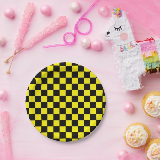 Geruit zwart en geel papieren bordje (Feest)