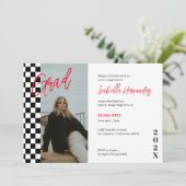 Geruit zwart en rood afstuderen Invitation Kaart (Staand voorkant)