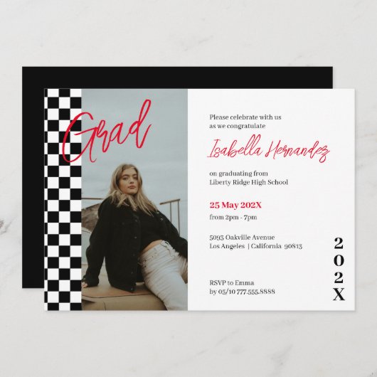 Geruit zwart en rood afstuderen Invitation Kaart (Voorkant / Achterkant)