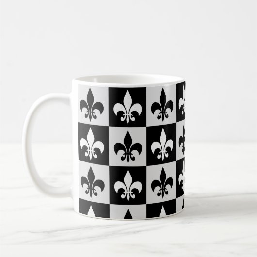 Geruit zwart wit Fleur-de-Lis patroon Koffiemok (Links)