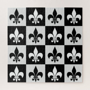 Geruit zwart wit Fleur-de-Lis patroon Legpuzzel