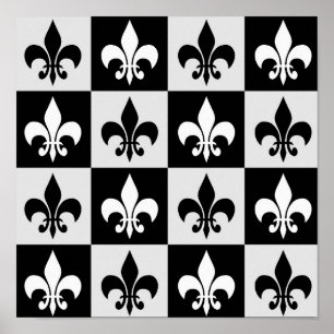 Geruit zwart wit Fleur-de-Lis patroon Poster