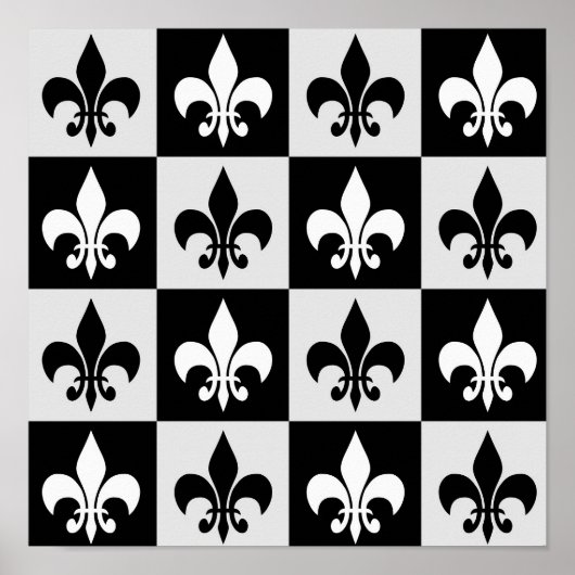 Geruit zwart wit Fleur-de-Lis patroon Poster (Voorkant)
