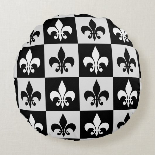 Geruit zwart wit Fleur-de-Lis patroon Rond Kussen (Voorkant)