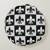 Geruit zwart wit Fleur-de-Lis patroon Rond Kussen (Achterkant)