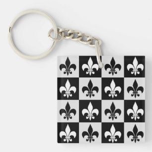 Geruit zwart wit Fleur-de-Lis patroon Sleutelhanger