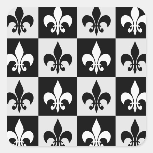 Geruit zwart wit Fleur-de-Lis patroon Vierkante Sticker (Voorkant)