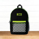 Geruit Zwart Wit Groen Monogram Initialen Kinder Bedrukte Rugzak<br><div class="desc">Dit leuke kinder rugzakontwerp heeft een zwart,  wit,  zuurgroen en olijfgroen kleurenpalet met geruite zak en initialen. Het is een leuk modern design voor alle leeftijden!</div>