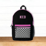 Geruit Zwart Wit Roze Monogram Initialen Kinder Bedrukte Rugzak<br><div class="desc">Dit leuke kinder rugzakontwerp heeft een zwart,  wit,  roze en magenta kleurenpalet met geruite zak en initialen. Het is een leuk modern design voor alle leeftijden!</div>