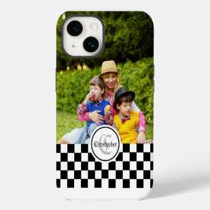 Geruite aangepaste foto & monogram iPhone 14 hoesje