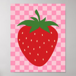 Geruite aardbeien retro fruit roze en rood poster