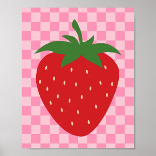 Geruite aardbeien retro fruit roze en rood poster