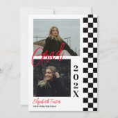 Geruite b&w met rood afstuderen Invitation Kaart (Voorkant)