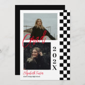 Geruite b&w met rood afstuderen Invitation Kaart (Voorkant / Achterkant)