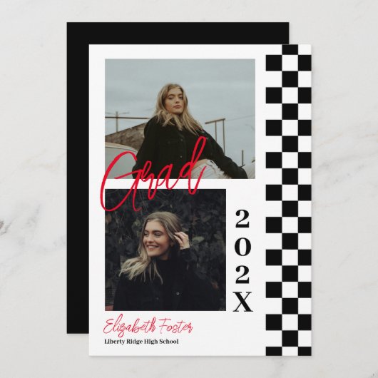 Geruite b&w met rood afstuderen Invitation Kaart (Voorkant / Achterkant)