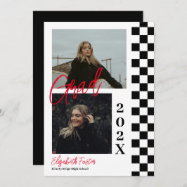 Geruite b&w met rood afstuderen Invitation Kaart