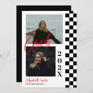 Geruite b&w met rood afstuderen Invitation Kaart