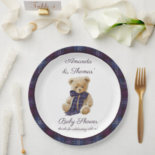 Geruite beer thema baby shower  papieren bordje