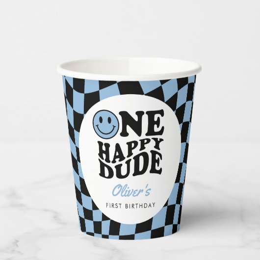 Geruite Blauwe Glimlach Een Gelukkige Gast 1e Verj Papieren Bekers (Links)