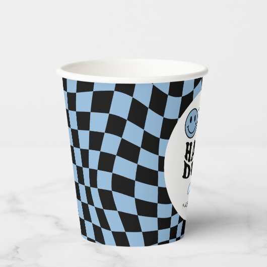 Geruite Blauwe Glimlach Een Gelukkige Gast 1e Verj Papieren Bekers (Voorkant)