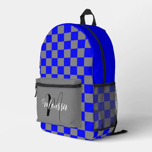 Geruite Blauwe Grijze Kleur - Initiaal Naam Monogr Bedrukte Rugzak (Achterkant Hoek Rechts)