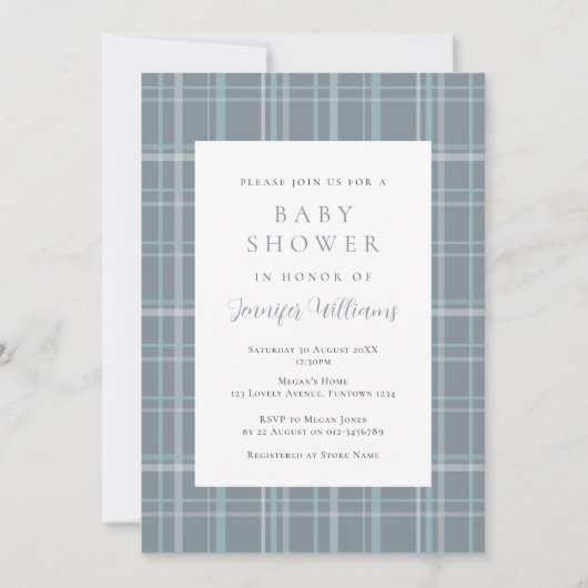 Geruite blauwe jongens babyshower uitnodiging (Voorkant)