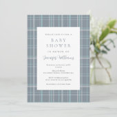 Geruite blauwe jongens babyshower uitnodiging (Staand voorkant)