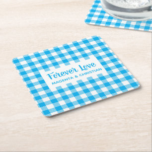 Geruite blauwe witte Gingham Schotse ruit trouwjur Kartonnen Onderzetters