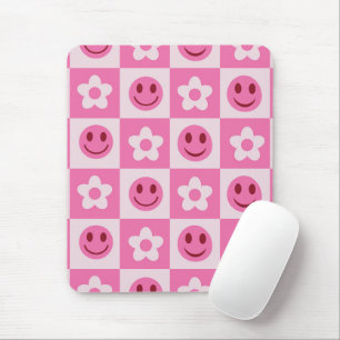 Geruite bloemen en gelukkige gezichten roze muismat