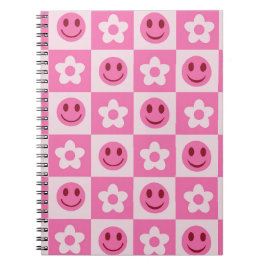 Geruite bloemen en gelukkige gezichten roze notitieboek