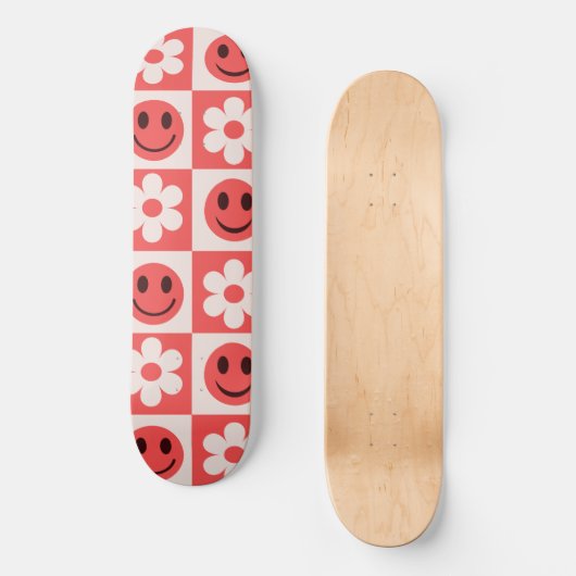 Geruite bloemen en Happy Faces Rood Persoonlijk Skateboard (Voorkant)