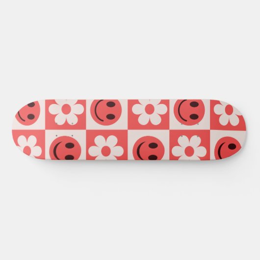 Geruite bloemen en Happy Faces Rood Persoonlijk Skateboard (Horizontaal)