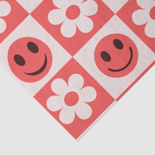 Geruite bloemen en Happy Faces Rood Tissuepapier (Detail)