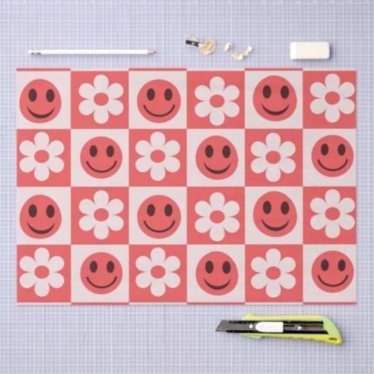 Geruite bloemen en Happy Faces Rood Tissuepapier (Craft)