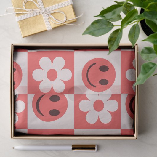 Geruite bloemen en Happy Faces Rood Tissuepapier (Geschenk)